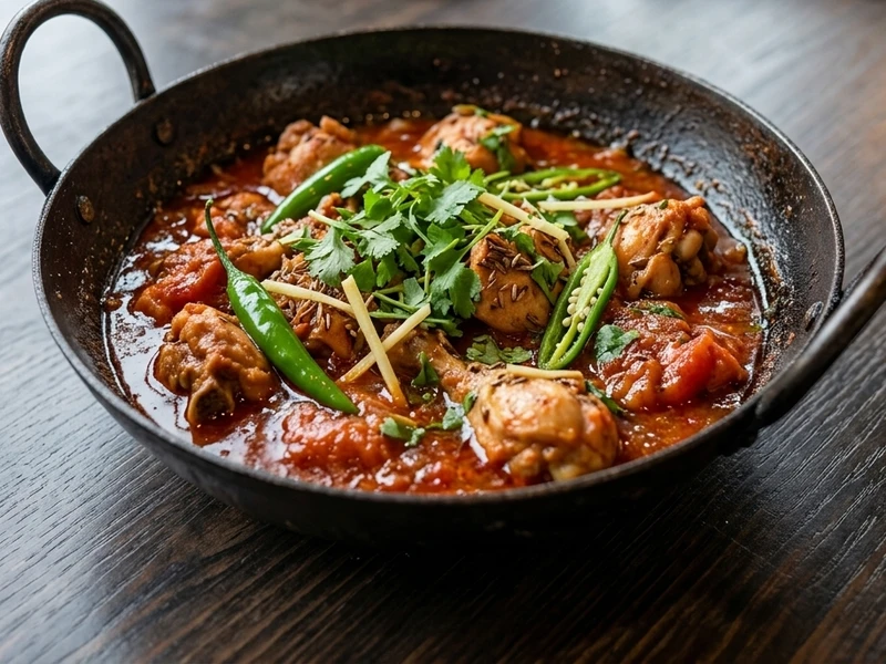 Shinwari Chicken Karahi at Chutney Express Edmonton - Pakistani wok dish with chillies, ginger and tomatoes
