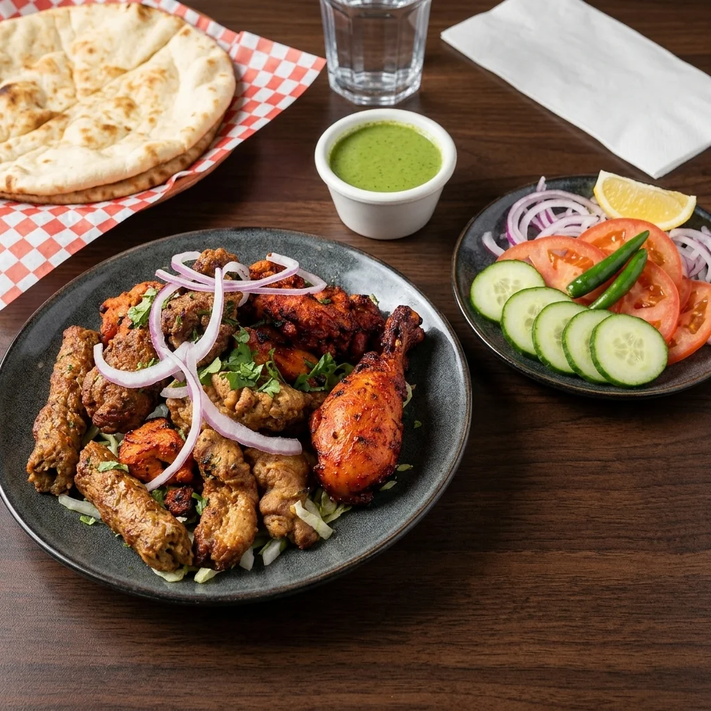 Tandoori Mix Grill at Chutney Express Edmonton - sizzling platter of seekh kababs, chicken tikka and fish pakora